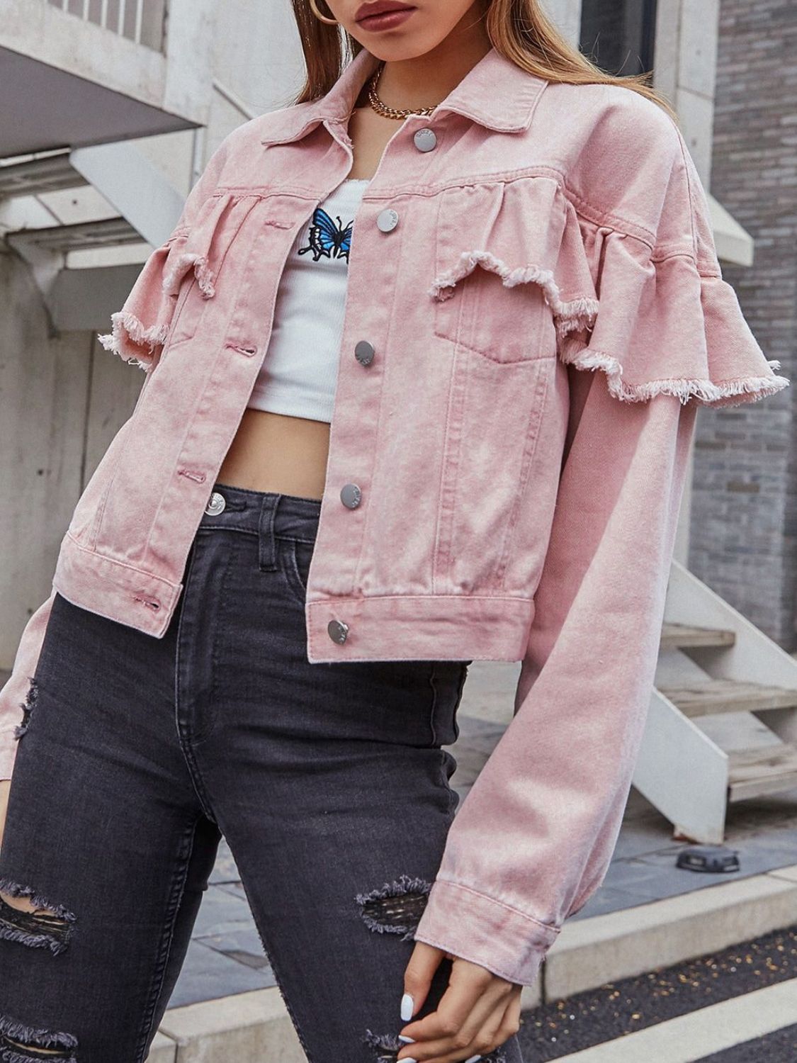 Ruffled collared neck long sleeve denim jacket in pink.