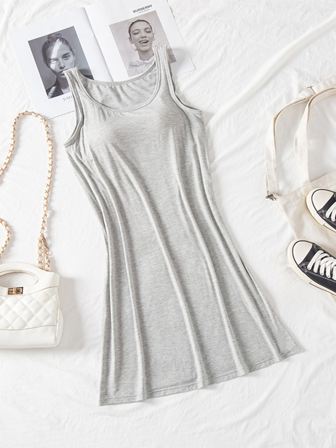 Round neck wide strap mini tank dress with bra in gray.