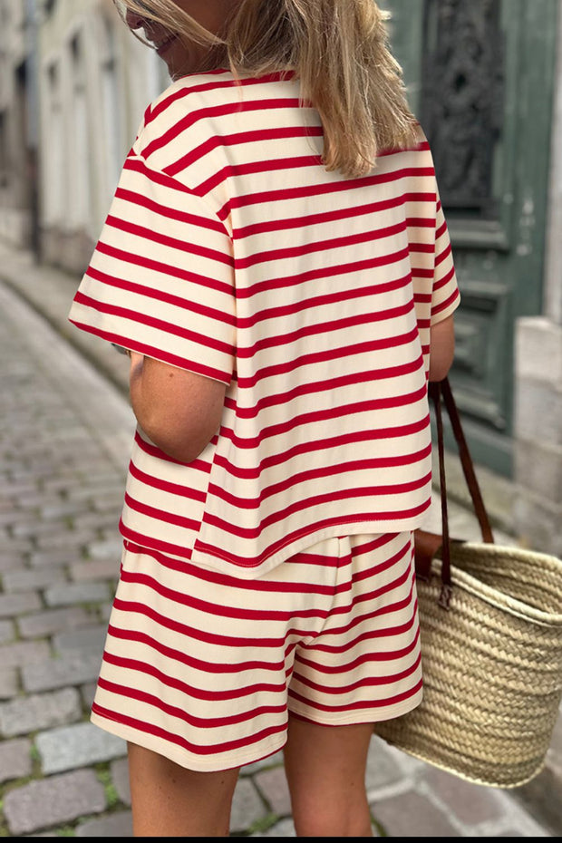 Tied Striped V-Neck Top and Shorts Set