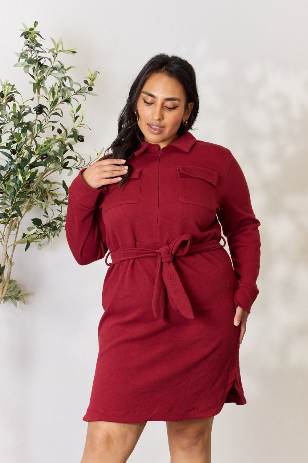 Culture Code full size long sleeve shirt dress with tie front and half zip.