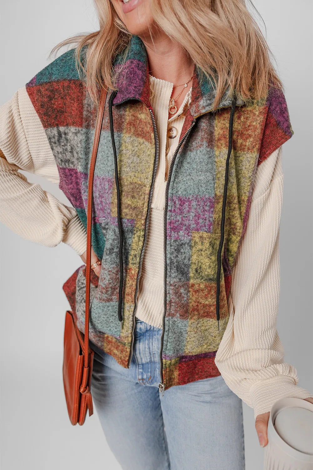 Plaid zip-up collared neck vest coat with drawstring and colorful pattern.