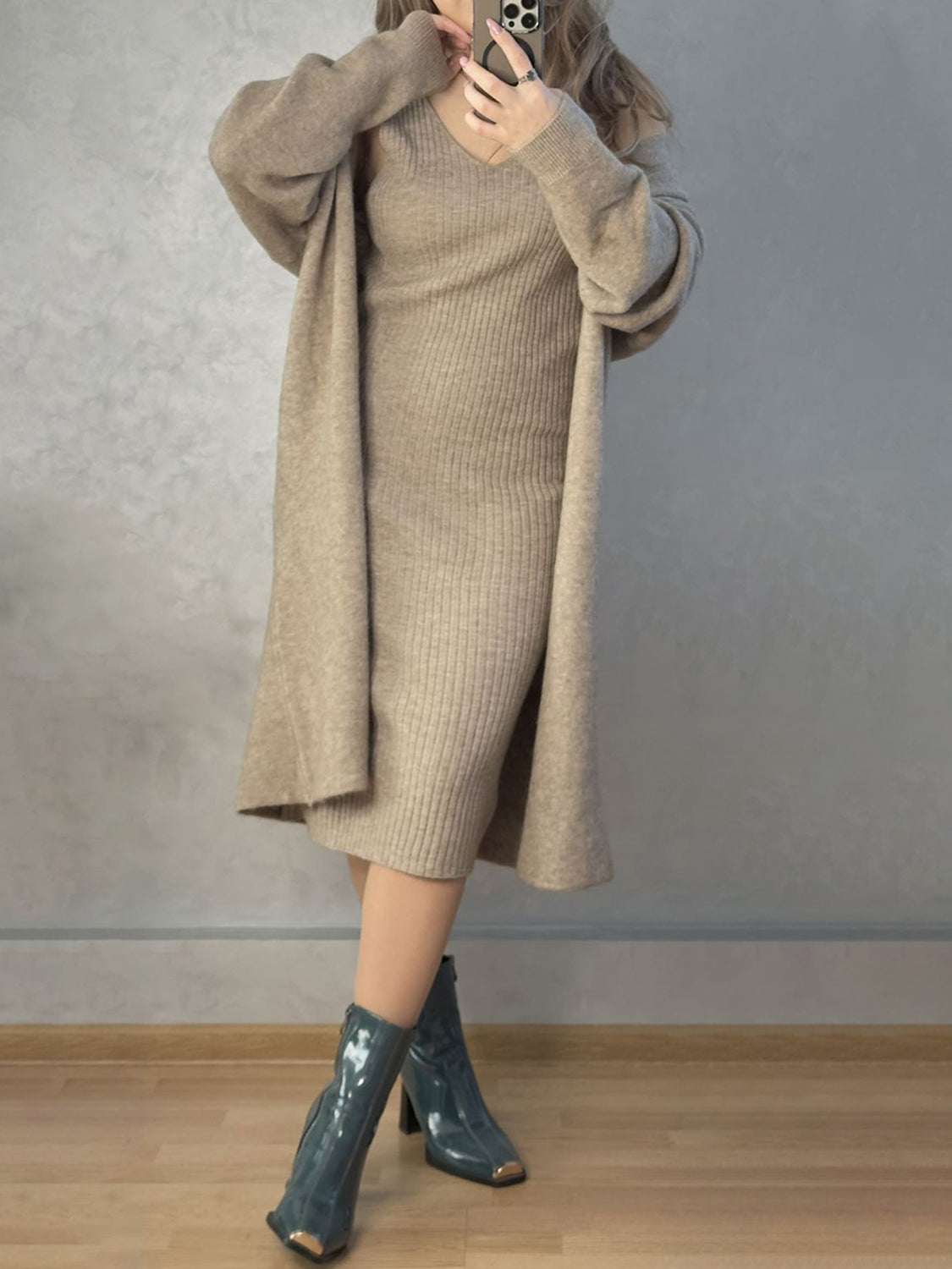 V-neck cami dress with open front cardigan sweater set in beige, moderate stretch, 100% acrylic.