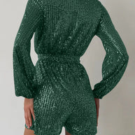 Full Size Sequin Surplice Tie Waist Long Sleeve Romper