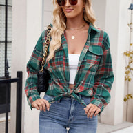 Mandy Plaid Button Up Long Sleeve Shirt in green and red with pocket detailing.