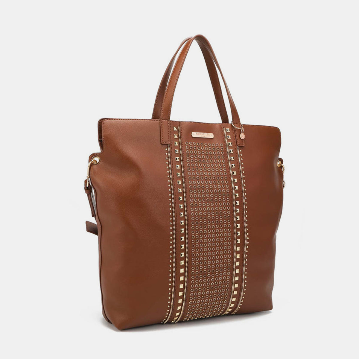 Nicole Lee USA Studded Large Tote Bag in brown vegan leather with dual top handles and studded detailing.