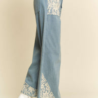 Davi & Dani Lace Applique Wide Leg Jeans