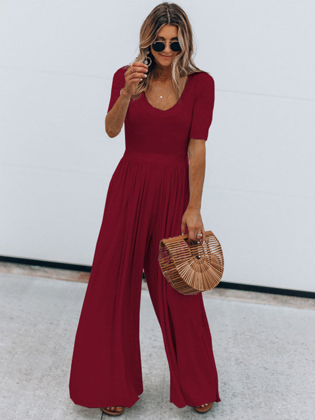 Women's red scoop neck short sleeve jumpsuit, 100% polyester.