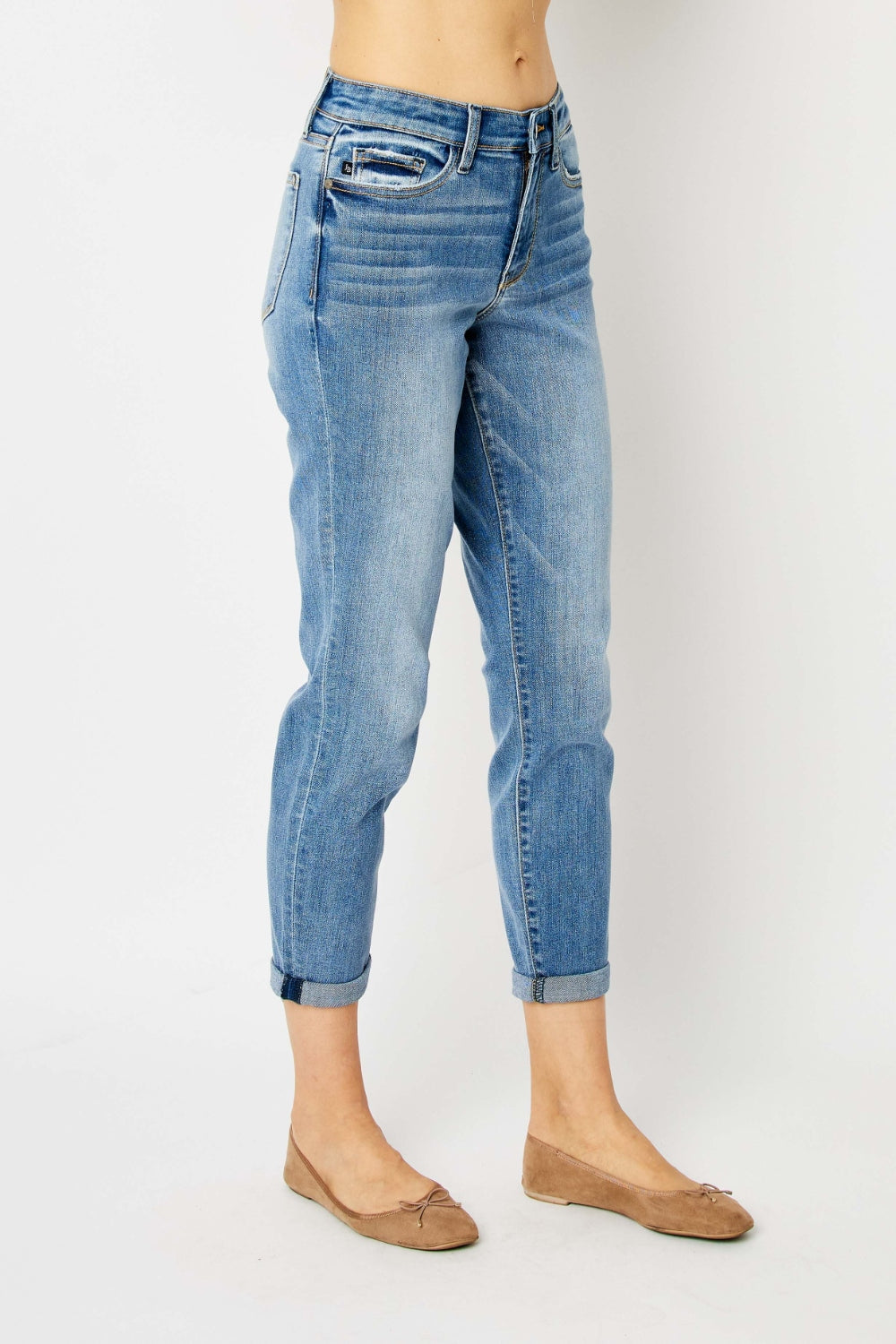 Judy Blue Full Size Cuffed Hem Slim Jeans model wearing casual style.