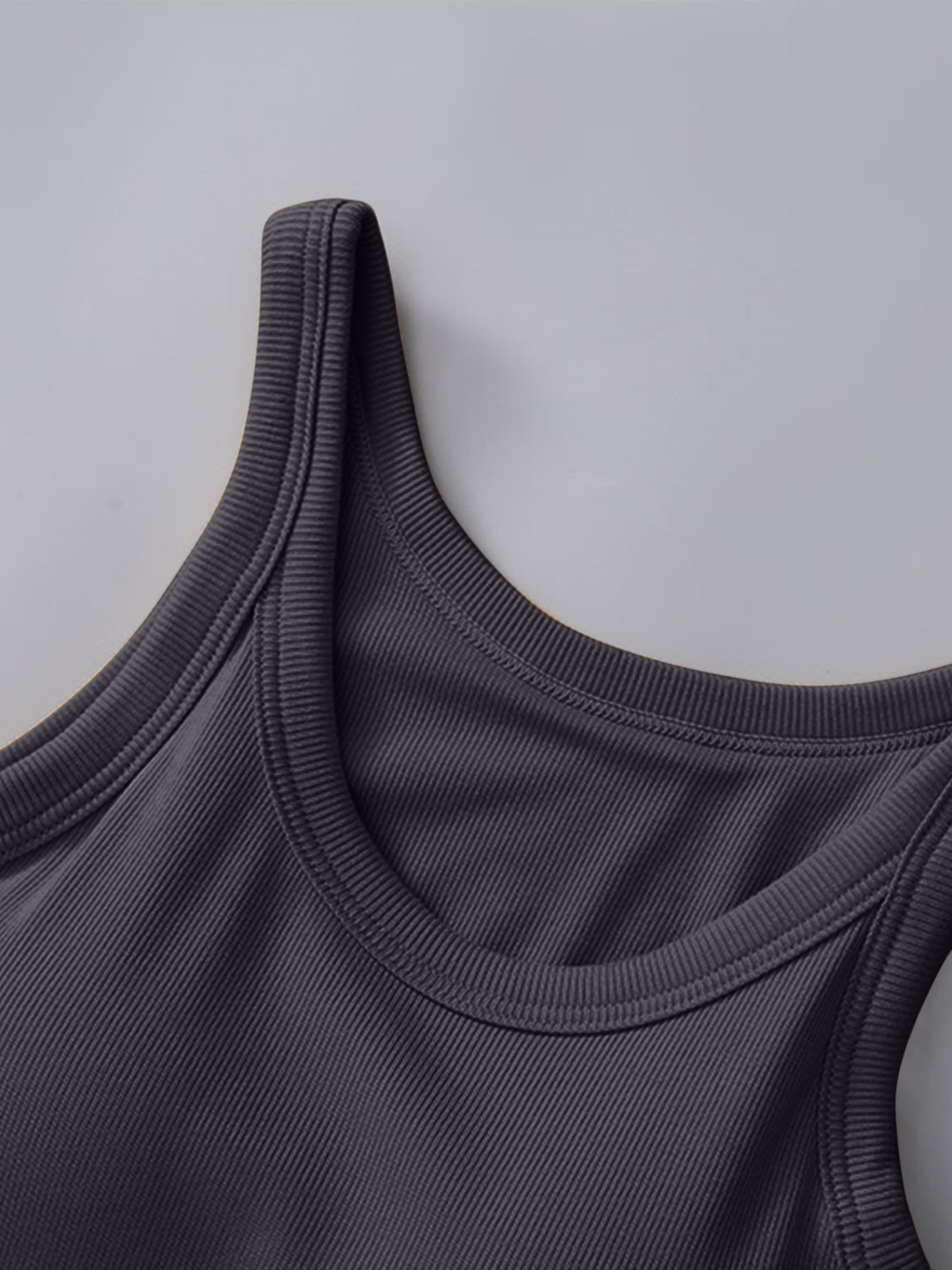 Round Neck Tank with Bra in gray, moderate stretch fabric.