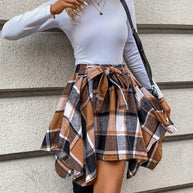 Tied Plaid Asymmetrical Hem Skirt