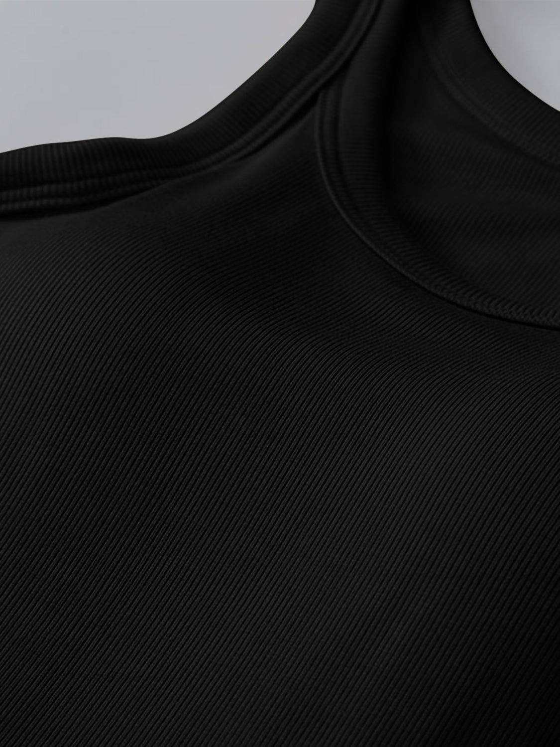 Black round neck tank with bra, moderate stretch, viscose and spandex blend.