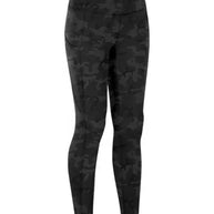 Wide waistband sports leggings in opaque black, stretchy nylon-spandex blend.