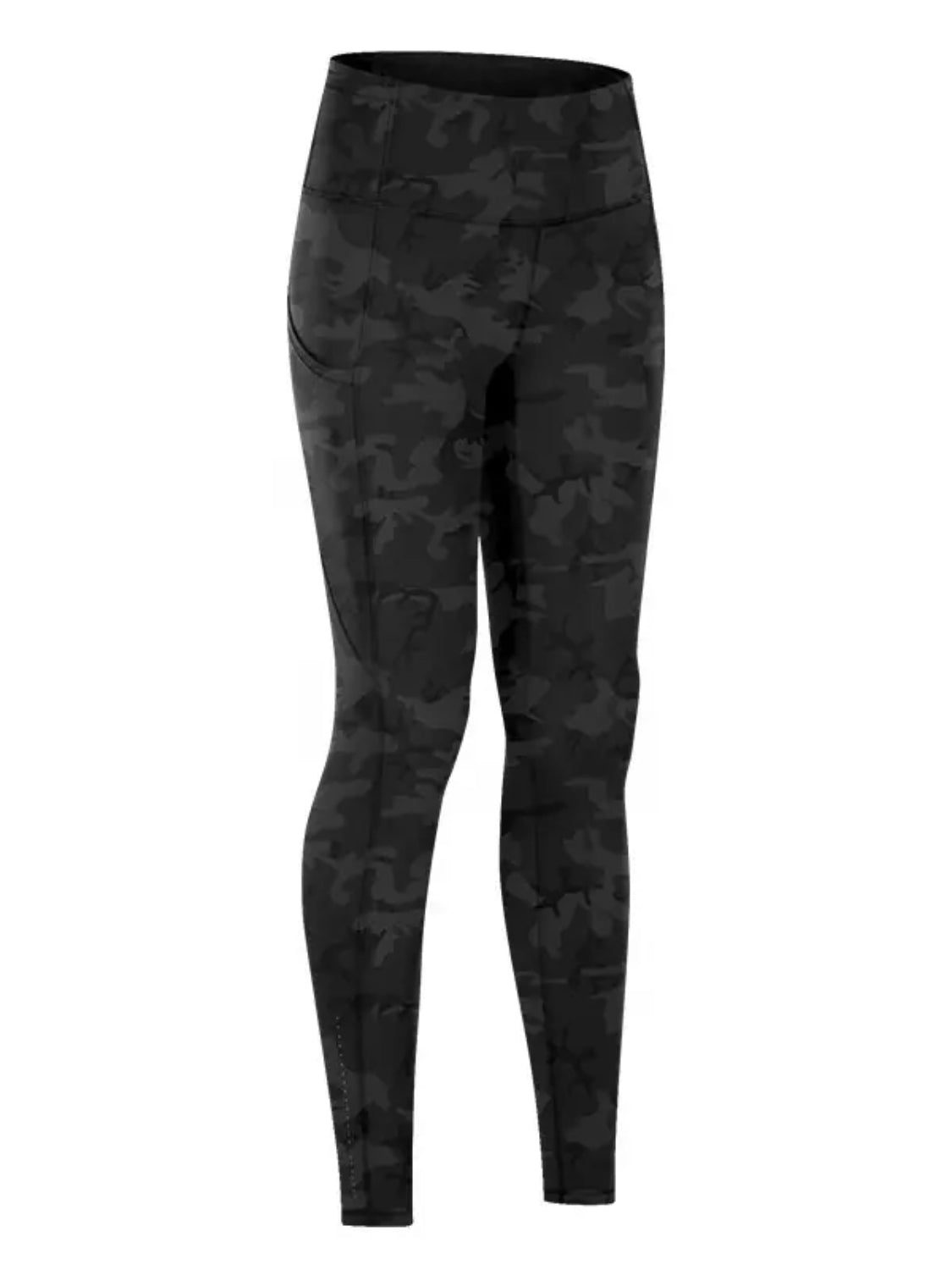 Wide waistband sports leggings in opaque black, stretchy nylon-spandex blend.