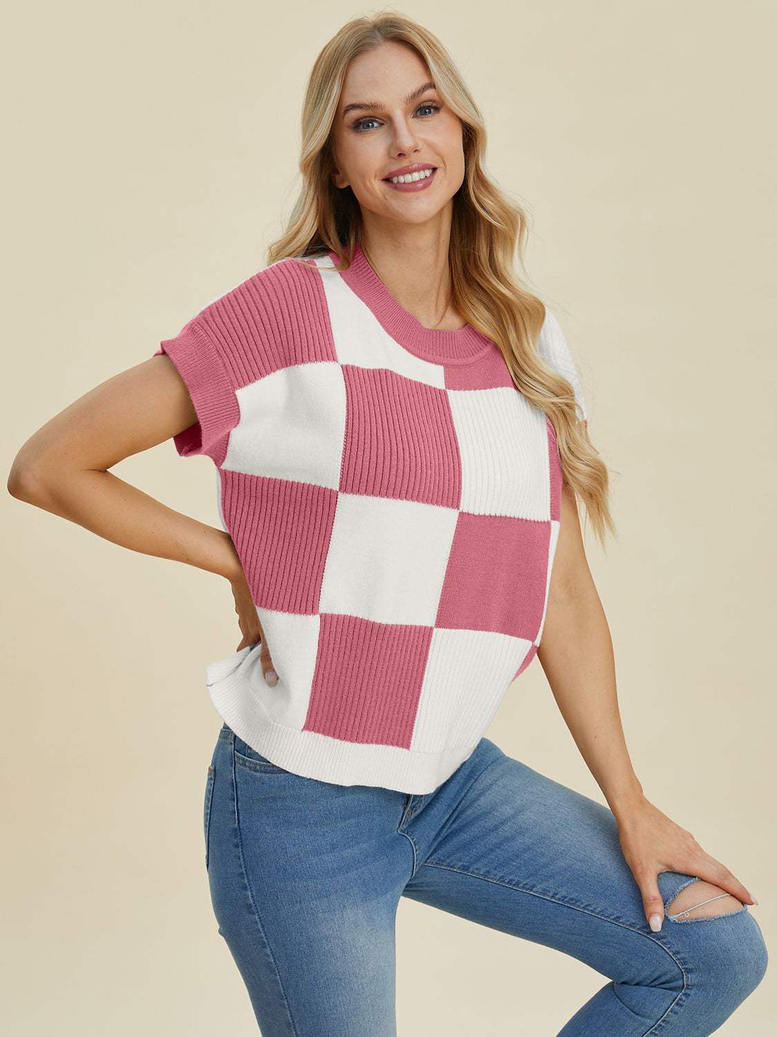 Full size checkered round neck short sleeve sweater