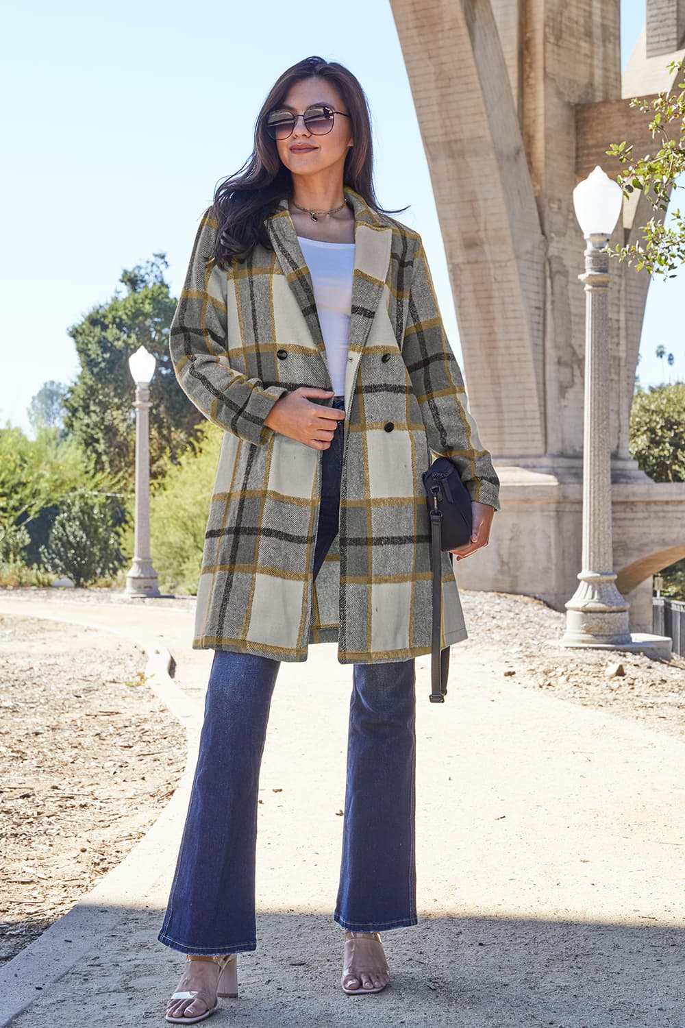 Full Size Plaid Button Up Lapel Collar Coat