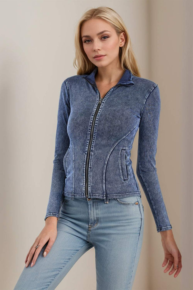 Pocketed Turtleneck Zip Up Denim Top