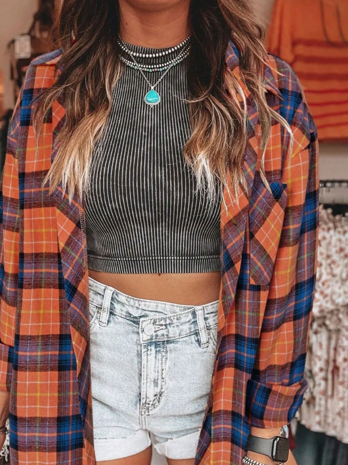 Plaid Collared Neck Long Sleeve Shirt