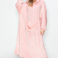 Full size pocketed hooded midi lounge dress in pink, slightly stretchy polyester, opaque with front pocket.