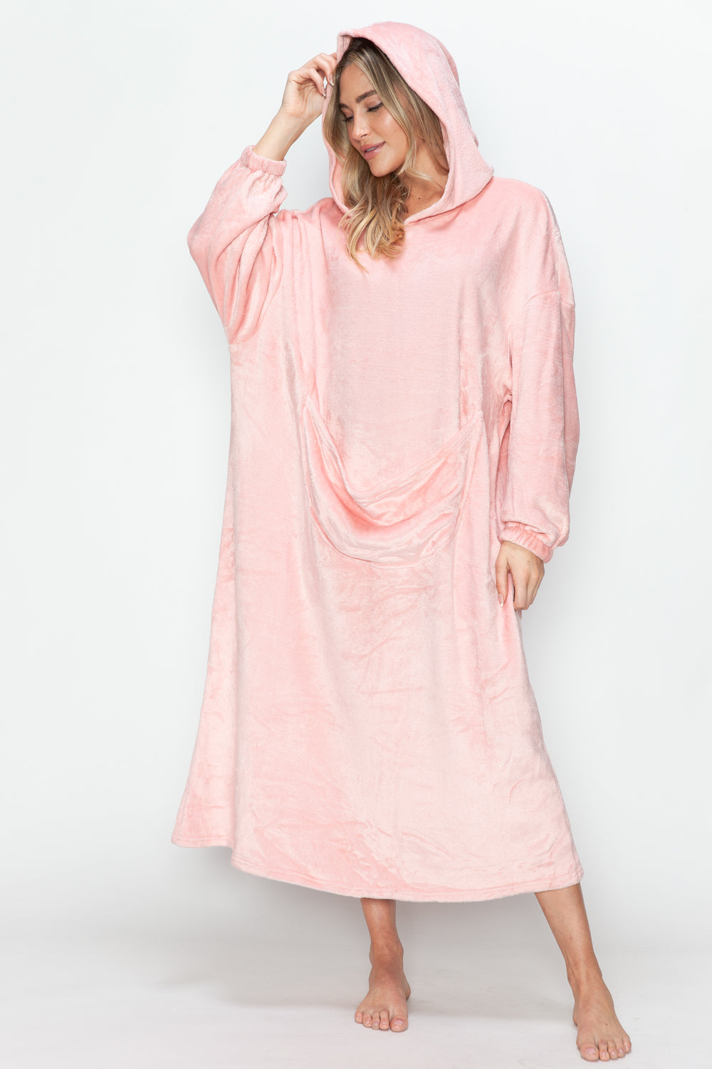 Full size pocketed hooded midi lounge dress in pink, slightly stretchy polyester, opaque with front pocket.