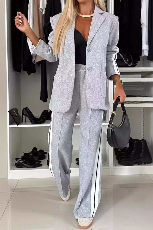 Full Size Contrast Lapel Collar Top and Pants Set in gray with button and pocket details.