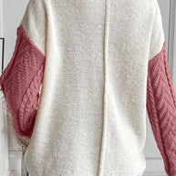 Color block round neck long sleeve sweater with pocket, slightly stretchy fabric.