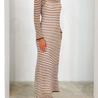 Devine tied round neck striped sweater dress in brown and white with moderate stretch.