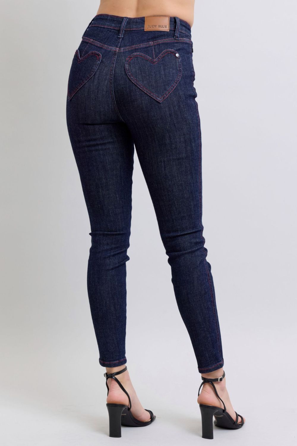 Judy Blue full size skinny jeans with heart-shaped back pockets, high rise, and moderate stretch.