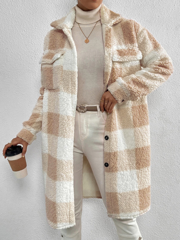 Plaid collared neck button down coat in beige and white worn by model.