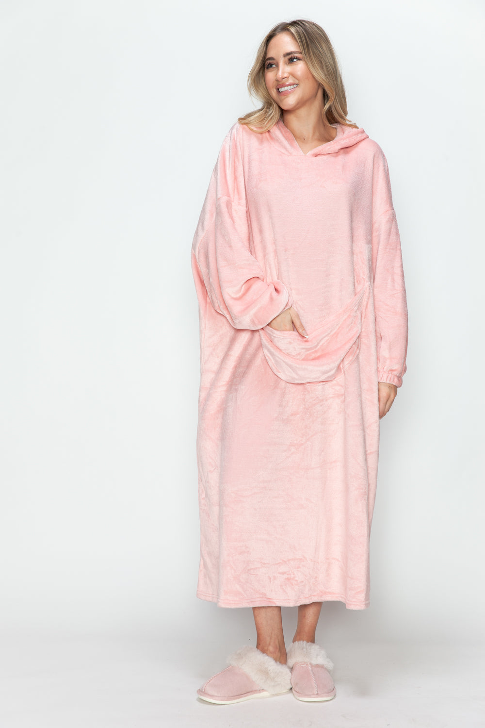 Full size pink pocketed hooded midi lounge dress with slightly stretchy polyester material.