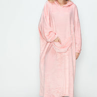 Full size pink pocketed hooded midi lounge dress with slightly stretchy polyester material.