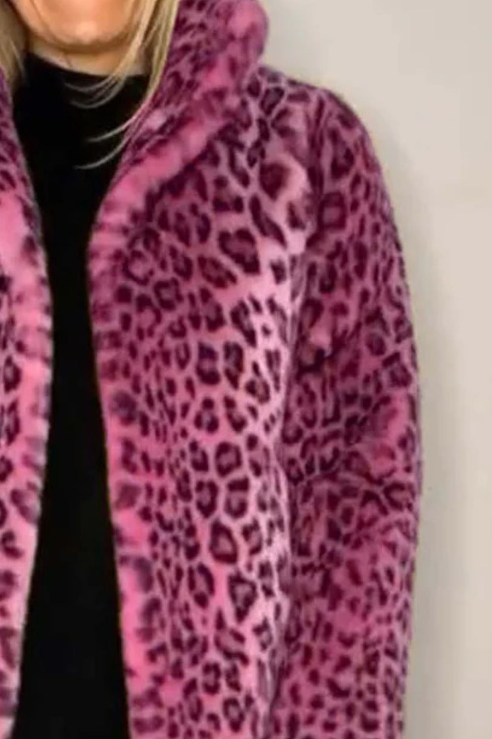 Full Size Leopard Furry Collared Neck Long Sleeve Coat in pink.