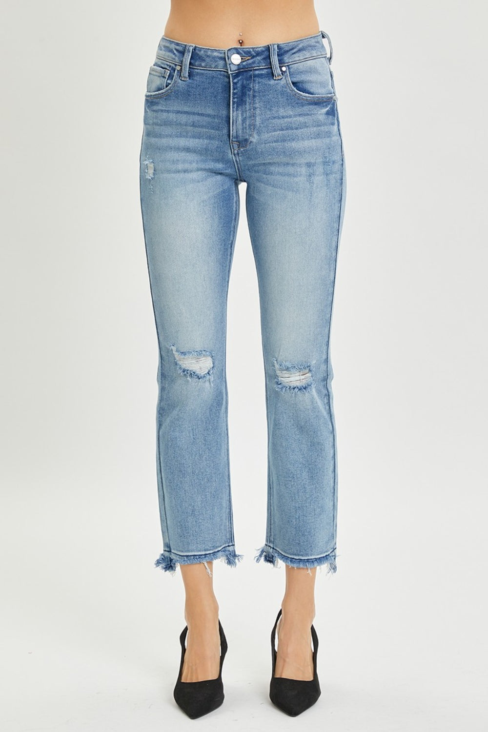 RISEN full size high rise distressed cropped straight jeans with a frayed hem, slightly stretchy fabric, and pocket details.