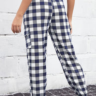 Perfee Plaid Elastic High Waist Cargo Pants