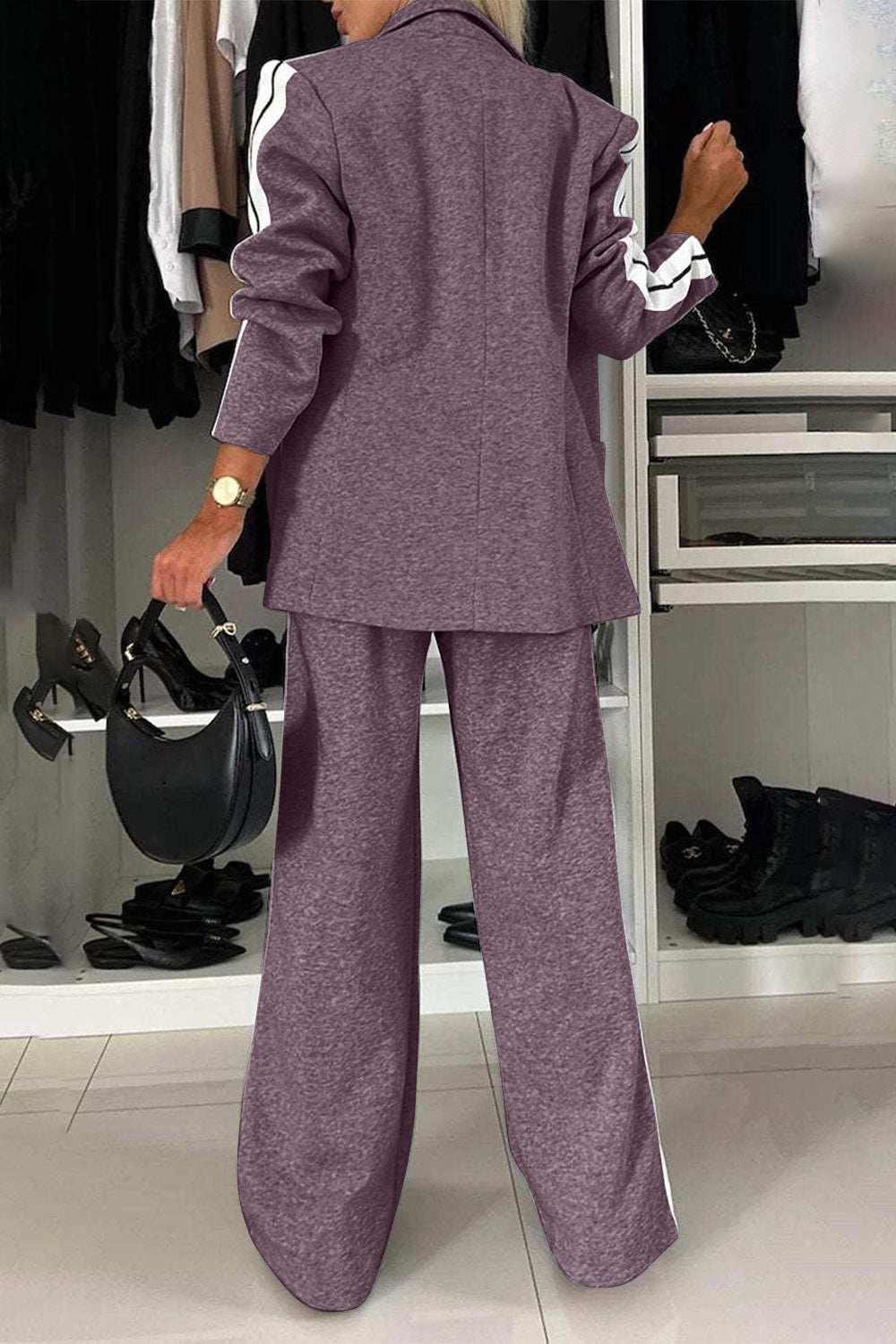 Full Size Contrast Lapel Collar Top and Pants Set in Purple, Polyester, Buttoned, Pocketed