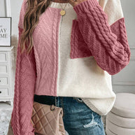 Color block round neck long sleeve sweater with pink and white sections, features pocket, casual style.