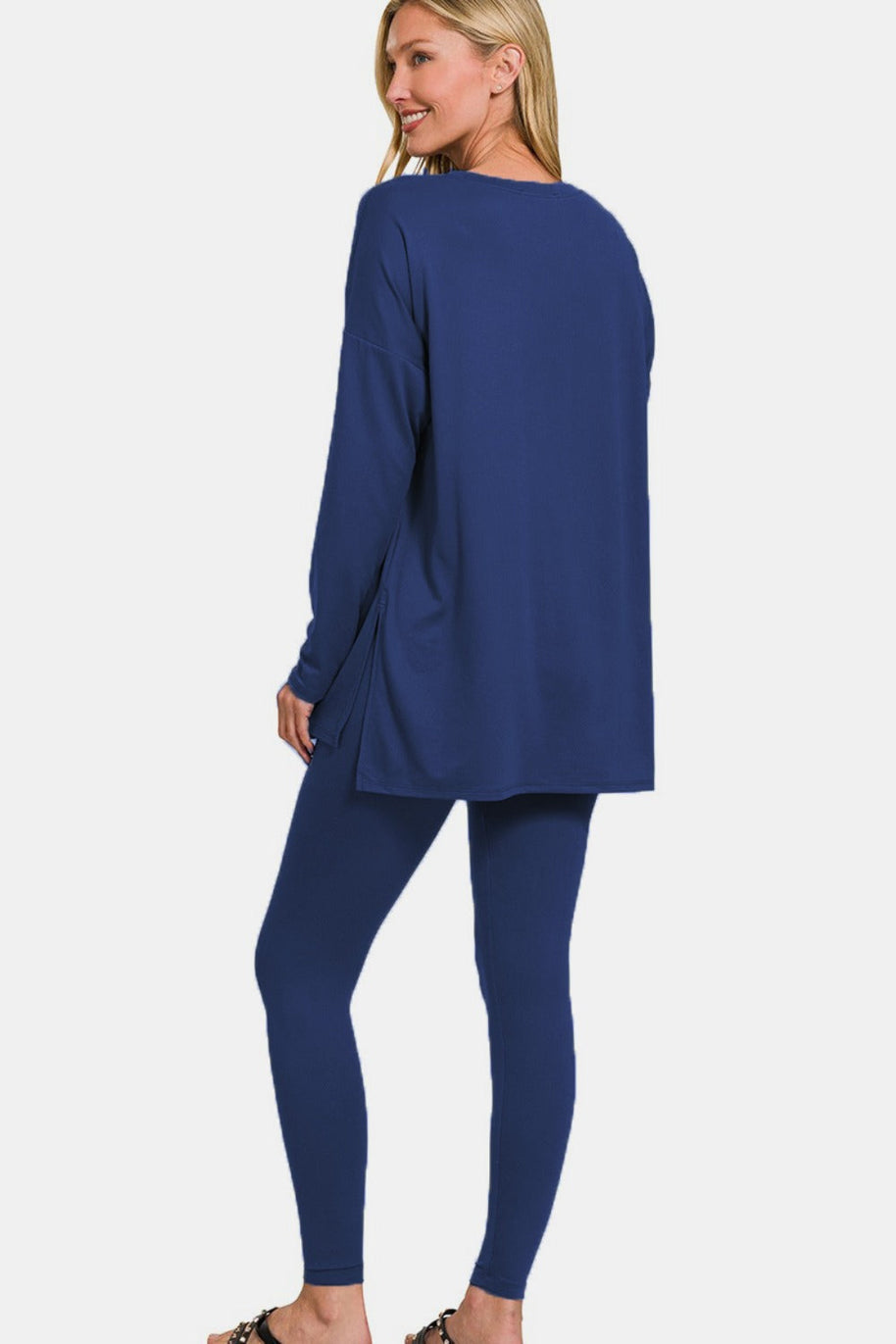 Zenana full size brushed microfiber top and leggings lounge set in navy blue.