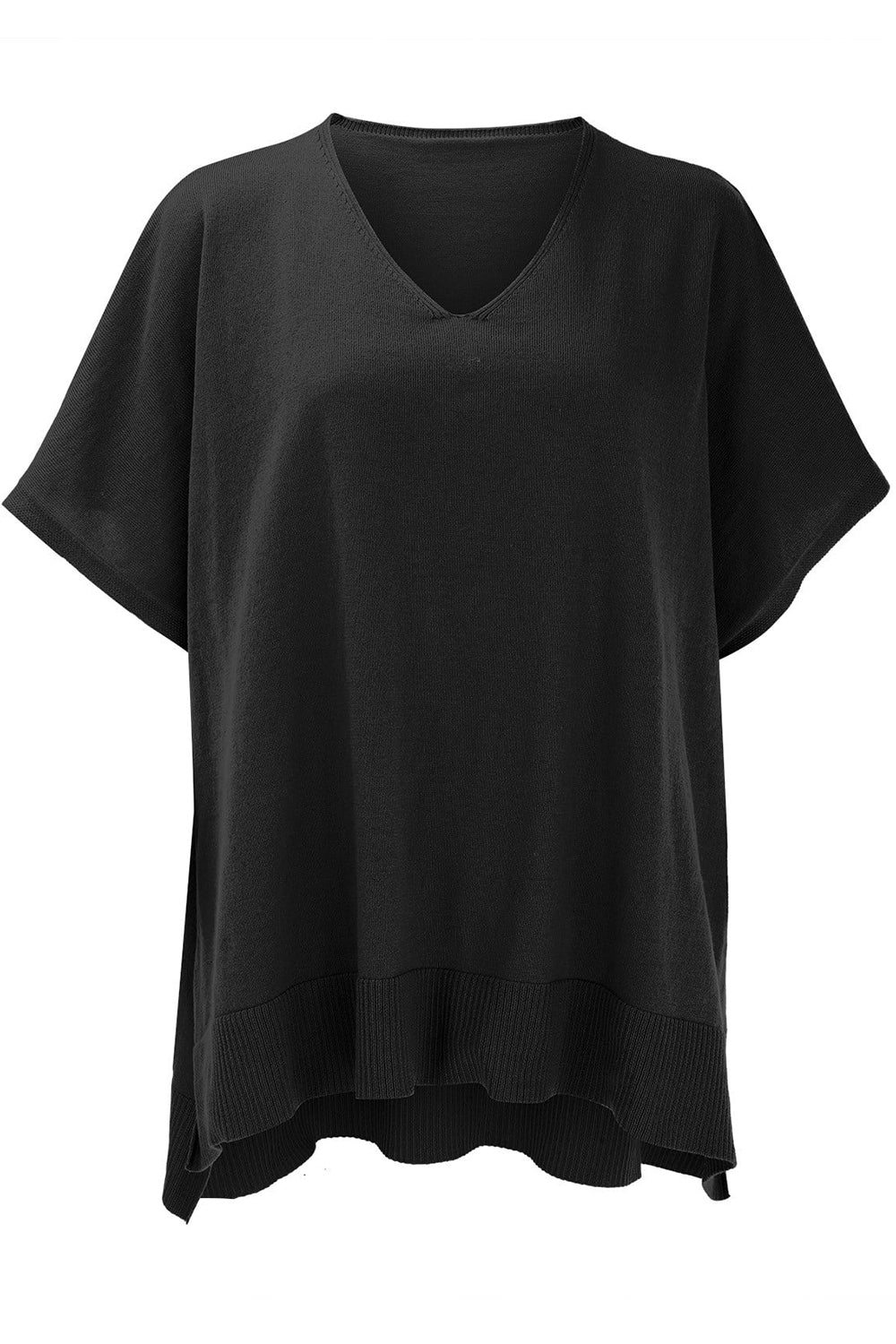 Slit V-Neck Half Sleeve Knit Top in black with slightly stretchy fabric.