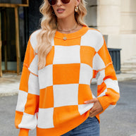 Checkered Round Neck Long Sleeve Sweater