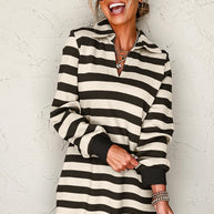 Contrast Striped Johnny Collar Long Sleeve Mini Dress