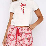 Printed Round Neck Short Sleeve Top and Drawstring Shorts Set