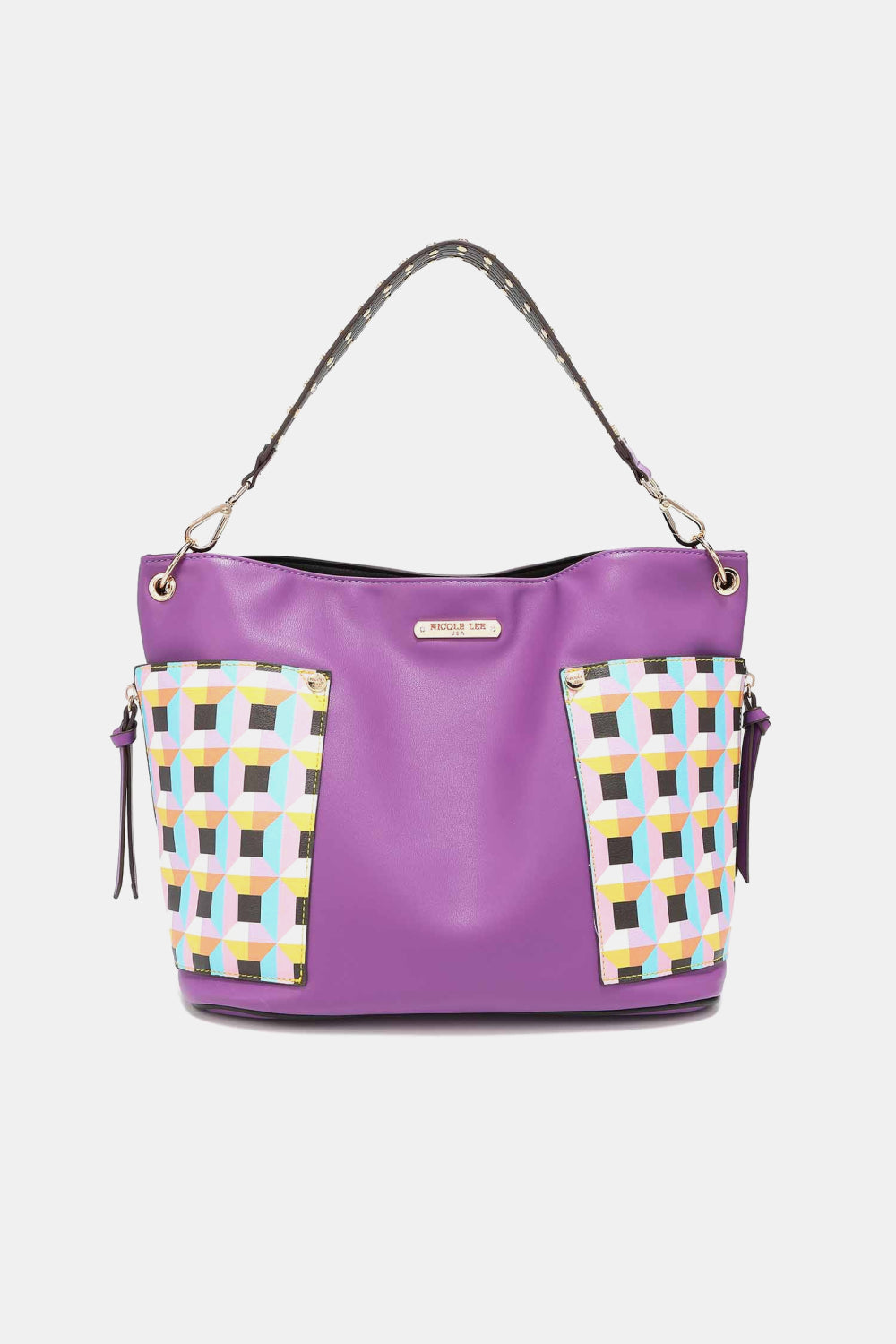 Nicole Lee USA Quihn 3-Piece Handbag Set with large shoulder bag in purple with geometric patterns, solid bag, and heart coin pouch.