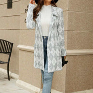 Printed Open Front Lapel Collar Cardigan with Pockets