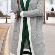 Pocketed Contrast Long Sleeve Hooded Cardigan