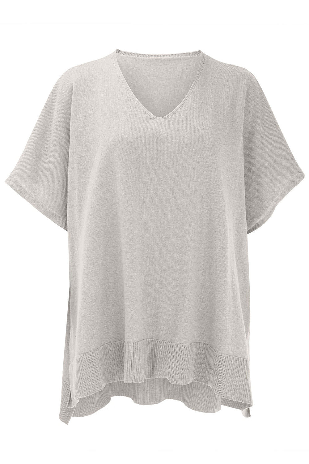 Slit V-Neck Half Sleeve Knit Top in light gray, slightly stretchy, viscose blend.