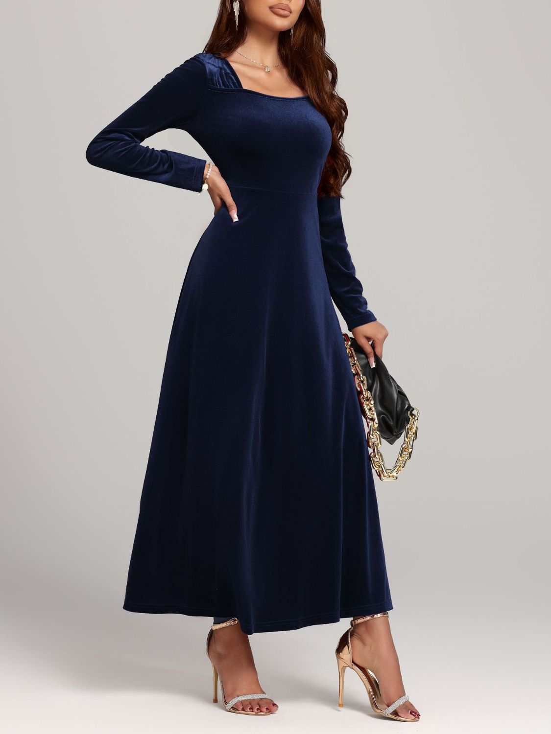 Square Neck Long Sleeve Velvet Dress