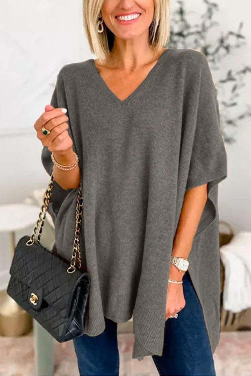 Slit V-Neck Half Sleeve Knit Top in gray with a relaxed fit.