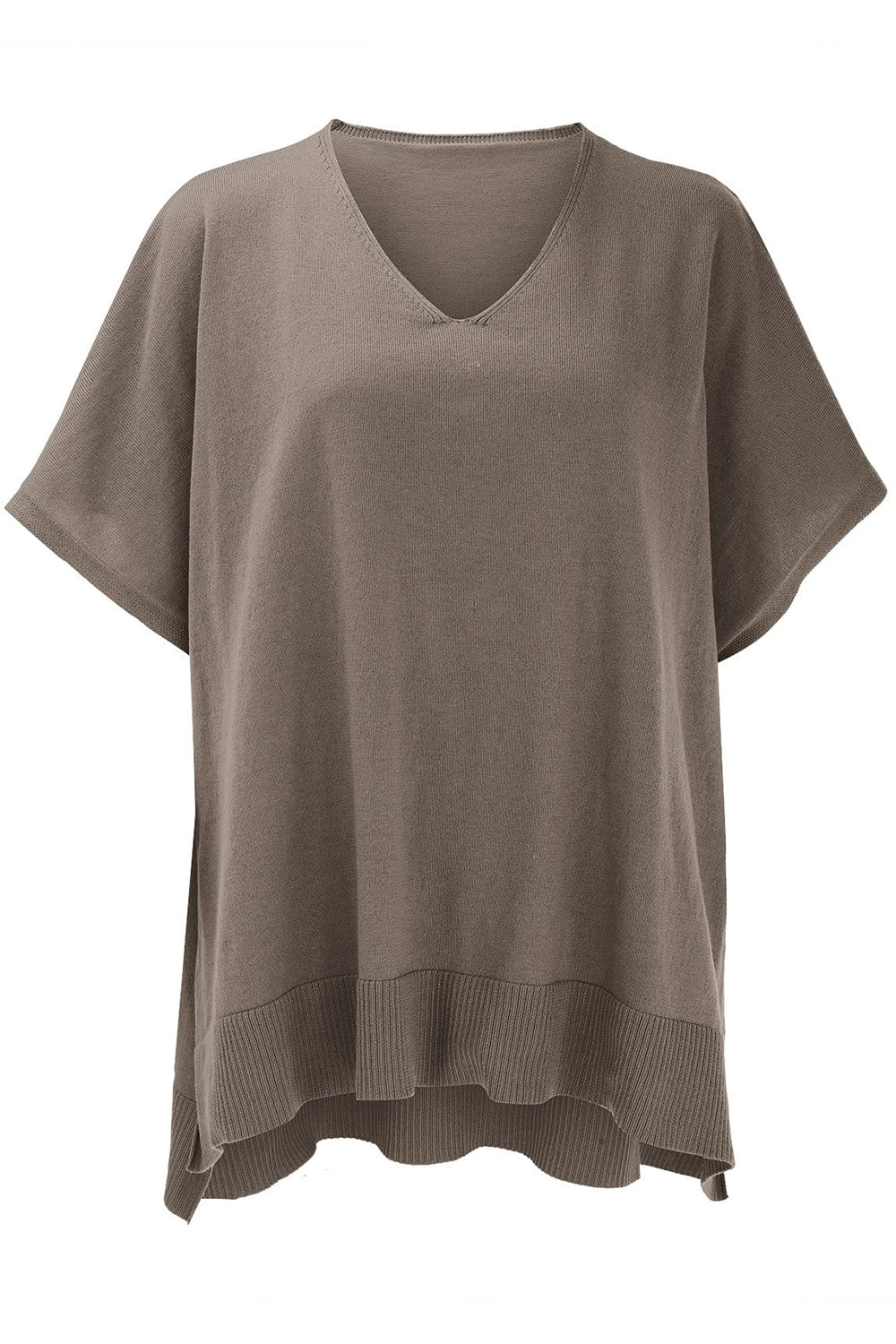 Slit V-Neck Half Sleeve Knit Top in gray, slightly stretchy viscose blend.