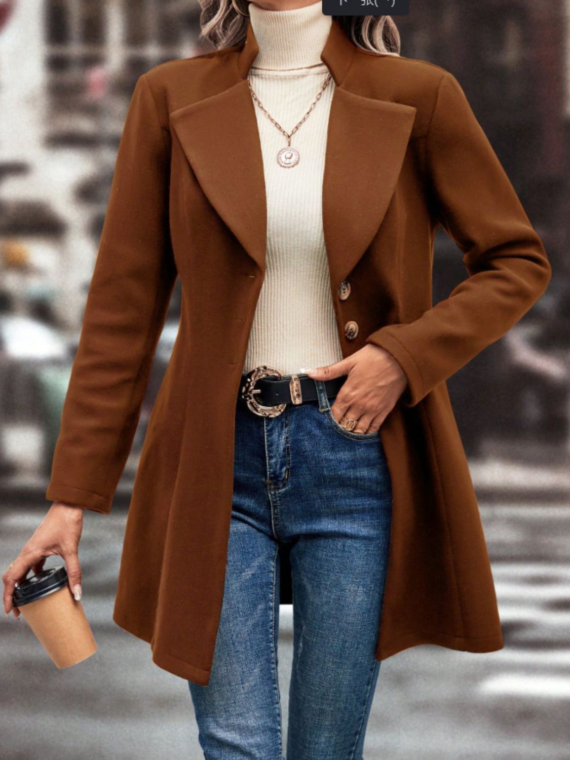 Collared neck button up long sleeve coat in brown with stylish fit.