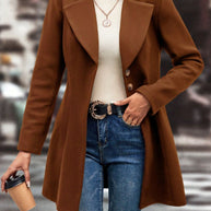 Collared Neck Button Up Long Sleeve Coat in brown, 95% polyester, 5% spandex, styled with jeans and white top.