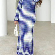 Devine tied round neck striped sweater dress in blue and white, long-sleeve design.